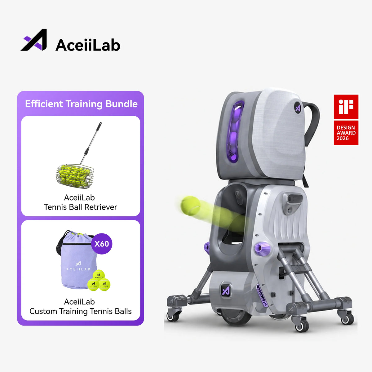 AceiiLab A1 AI Tennis Robot + 60pcs Pressureless Tennis Balls + 1*Tennis Ball Picker Upper