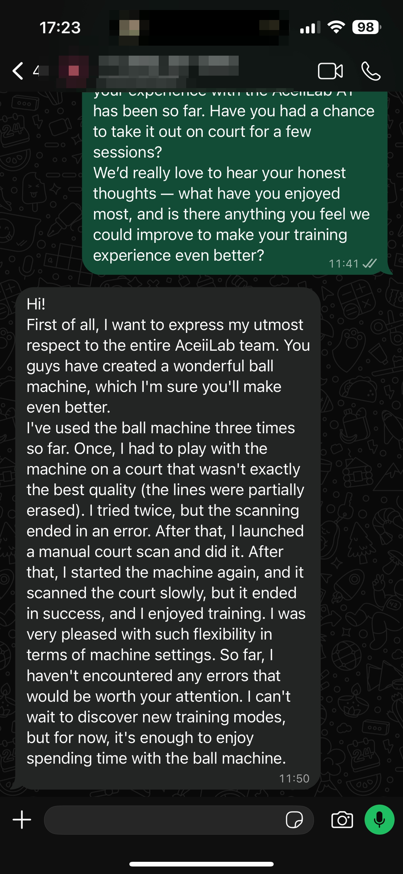 Redacted customer feedback after three sessions